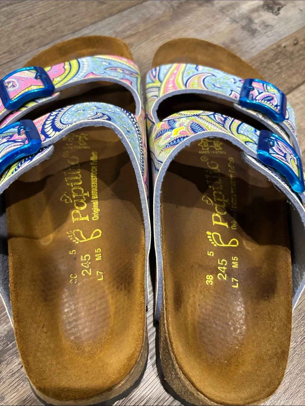 Birkenstock Multicolor Paisley Slide Sandals with Blue Buckles